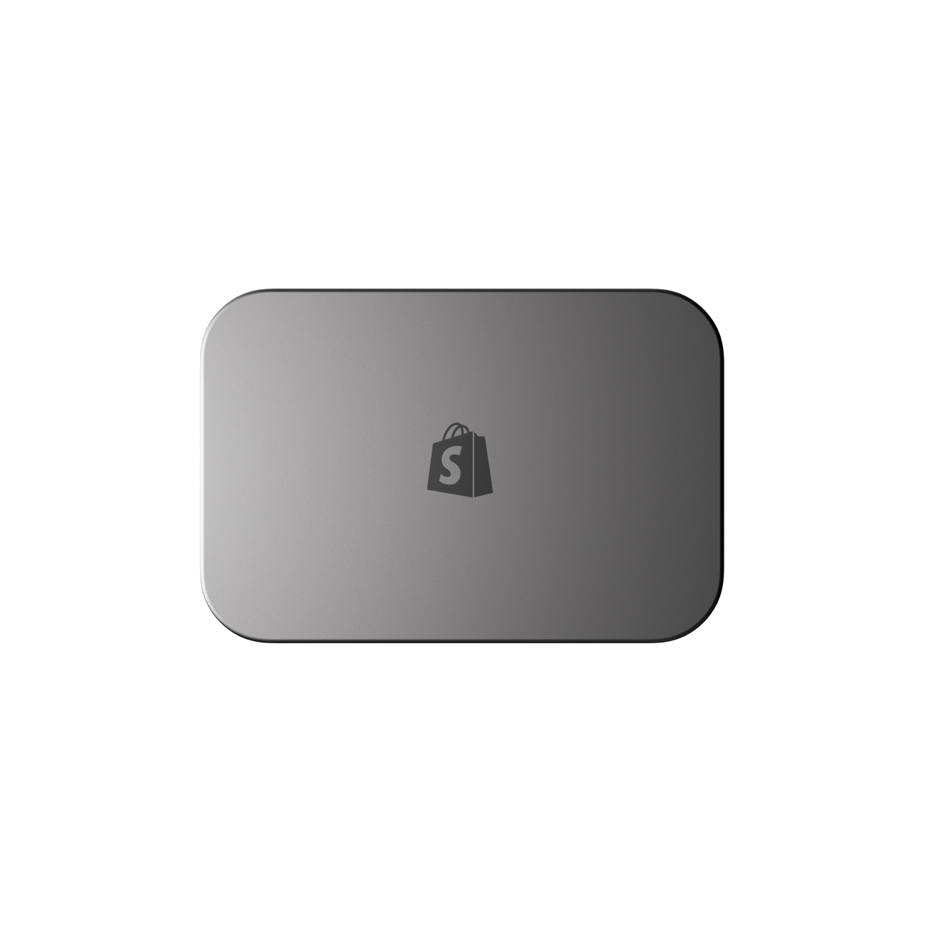 Top-down view of the Shopify POS Hub, a rounded rectangle with a subtle Shopify shopping bag logo embossed in the center